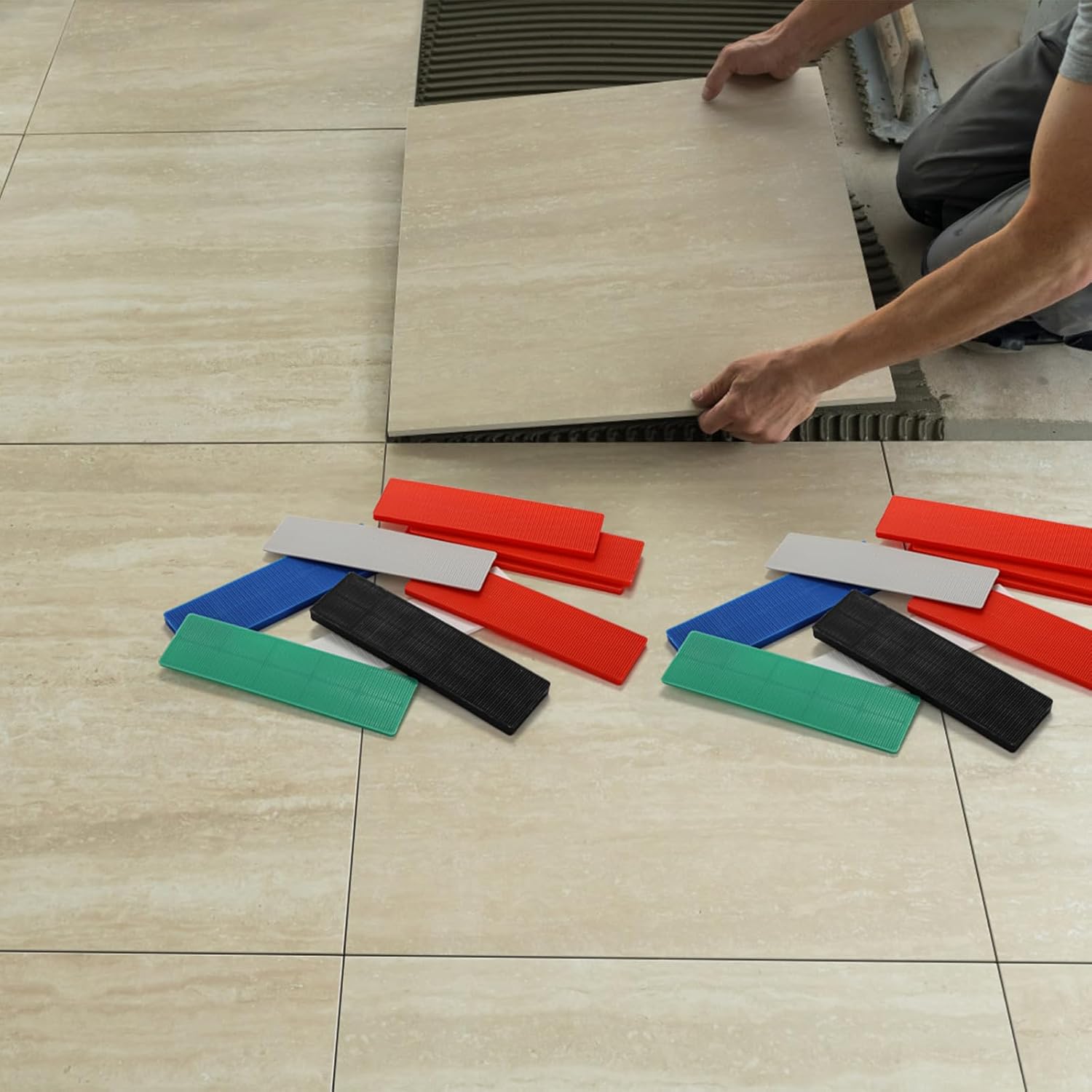 Okllen 300 Pcs Plastic Flat Shims for Leveling, 6 Size Structural Tile Composite Shims for Home Improvement, 3/64, 5/64, 1/8, 5/32, 13/64, 15/64 Inch, Grey, Green, White, Red, Blue, Black