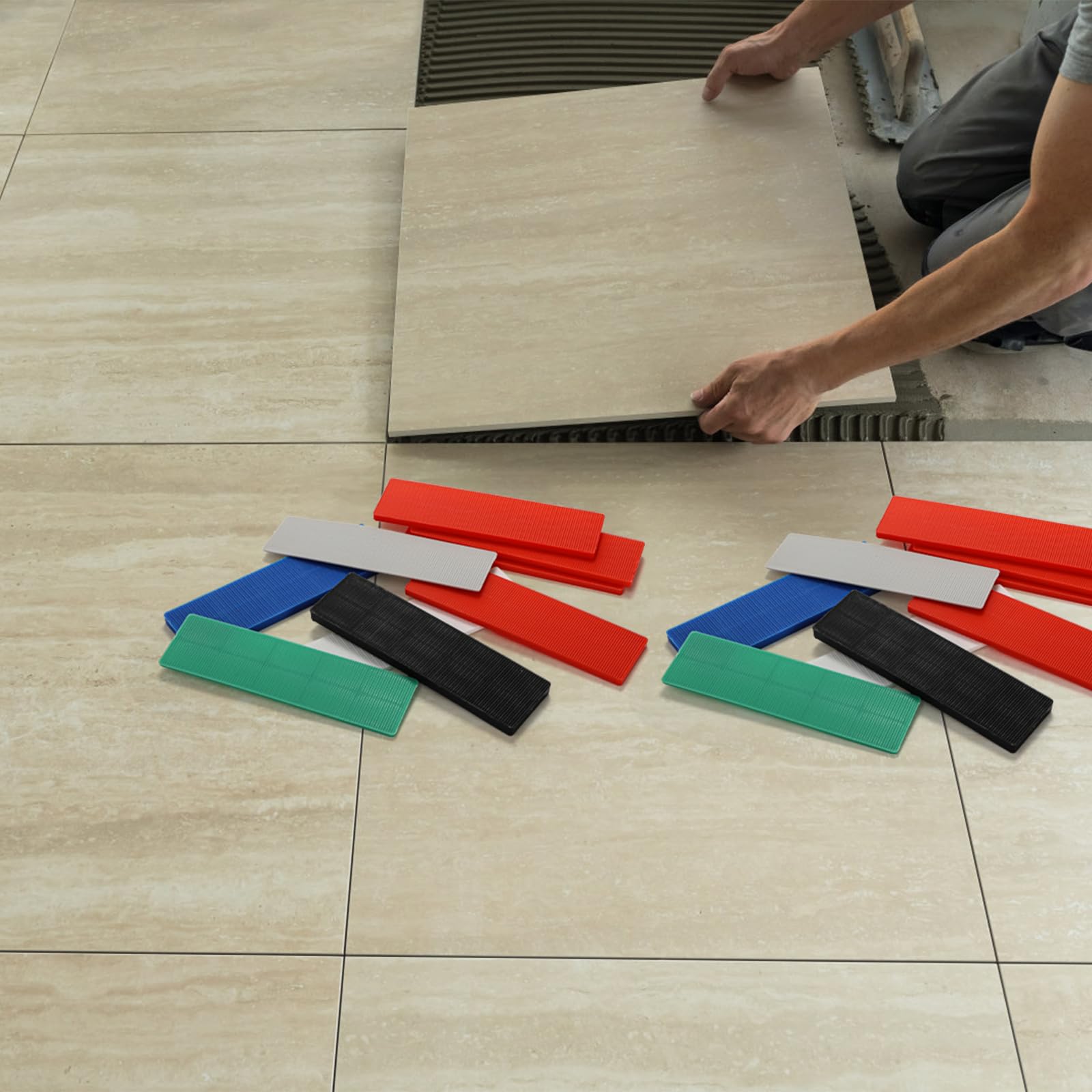 Okllen Lot de 300 cales plates en plastique pour nivellement, 6 tailles de cales composites pour carrelage structurel, 3/64, 5/64, 1/8, 5/32, 13/64, 15/64", gris, vert, blanc, rouge, bleu, noir