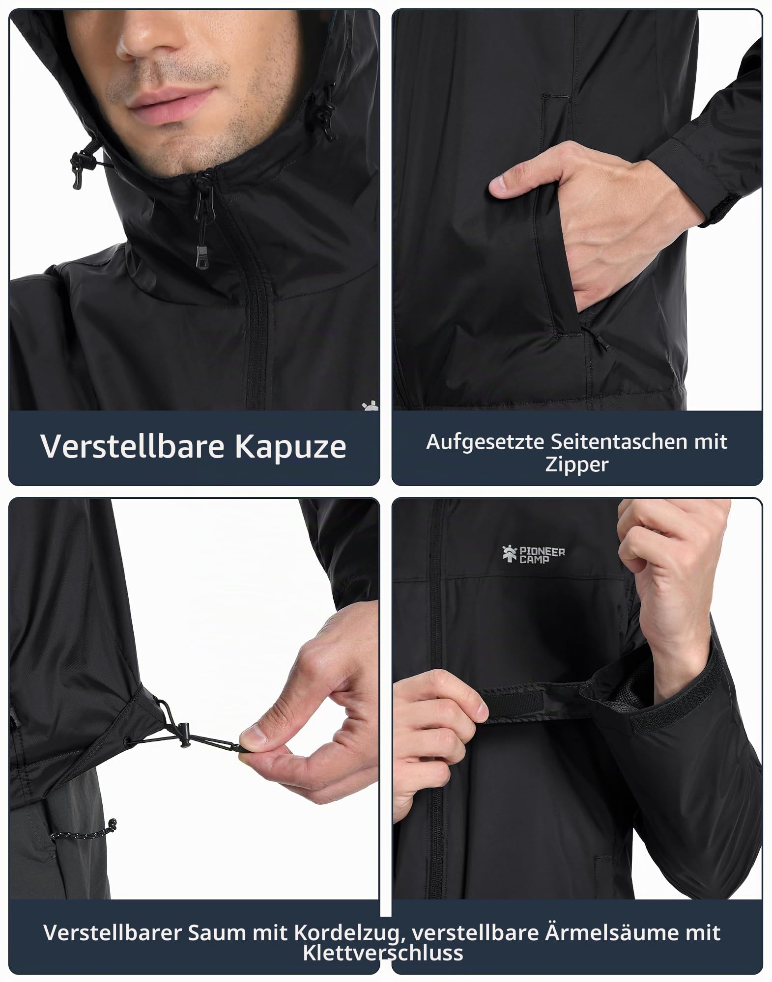 Pioneer Camp Herren Regenjacke Wasserdicht Atmungsaktiv Leichte Winddicht Windbreaker Packbare Outdoorjacke with Reißverschluss Taschen und Kapuze