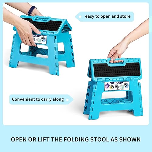 Miniatura 29 de Delxo Taburete plegable de 9 pulgadas, taburetes negros plegables para niños, taburete plegable portátil con asa, taburete plegable para cocina
