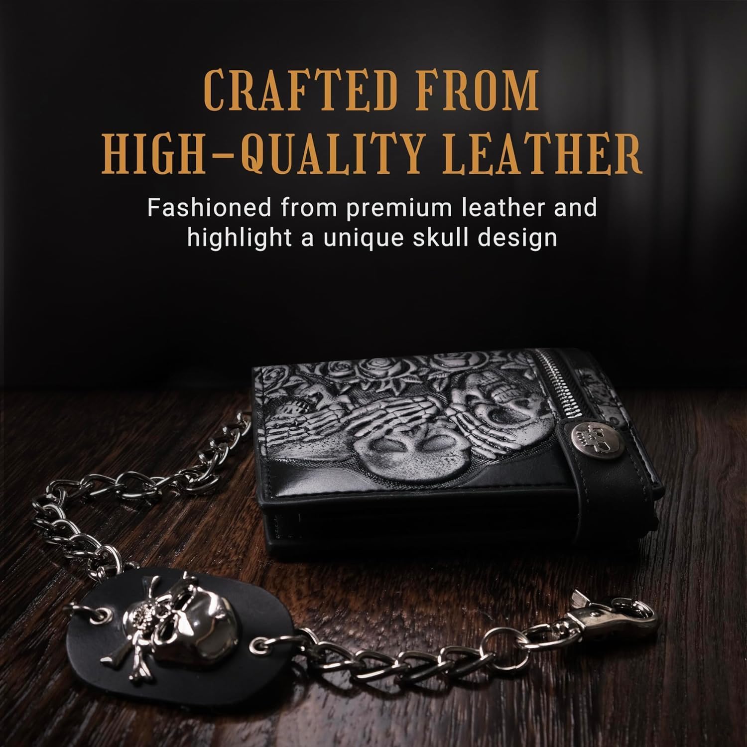 ZEKEE Skull Gothic Chain Wallet Leather Punk Bifold Halloween Goth Accessories Unisex,Black - Image 4