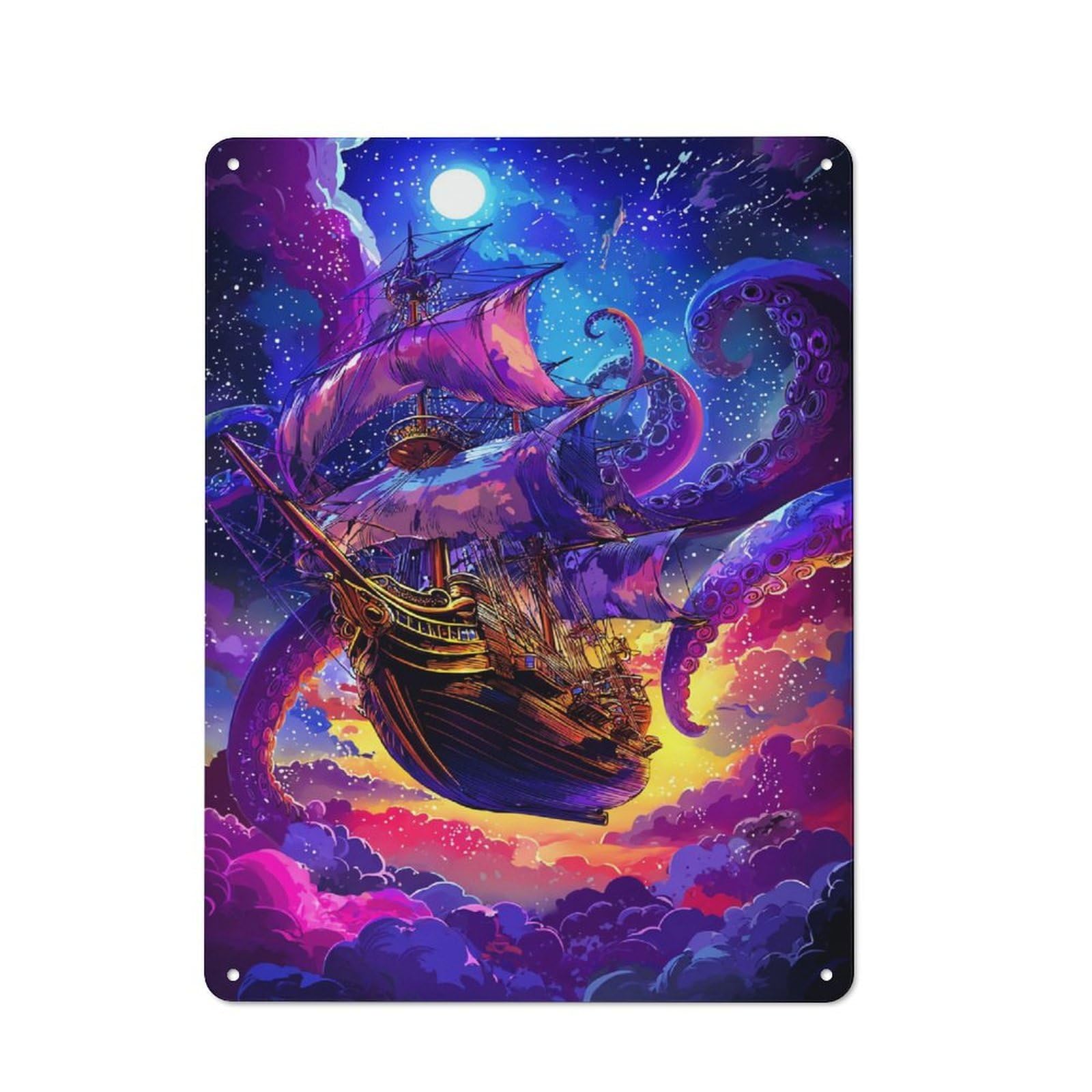 Junmoney Octopus Attacks Ship In Fantasy Night Sky Tin Wall Plaque 40X30cm With For Hallway Wall, With Clear Retro Wall Decor Character