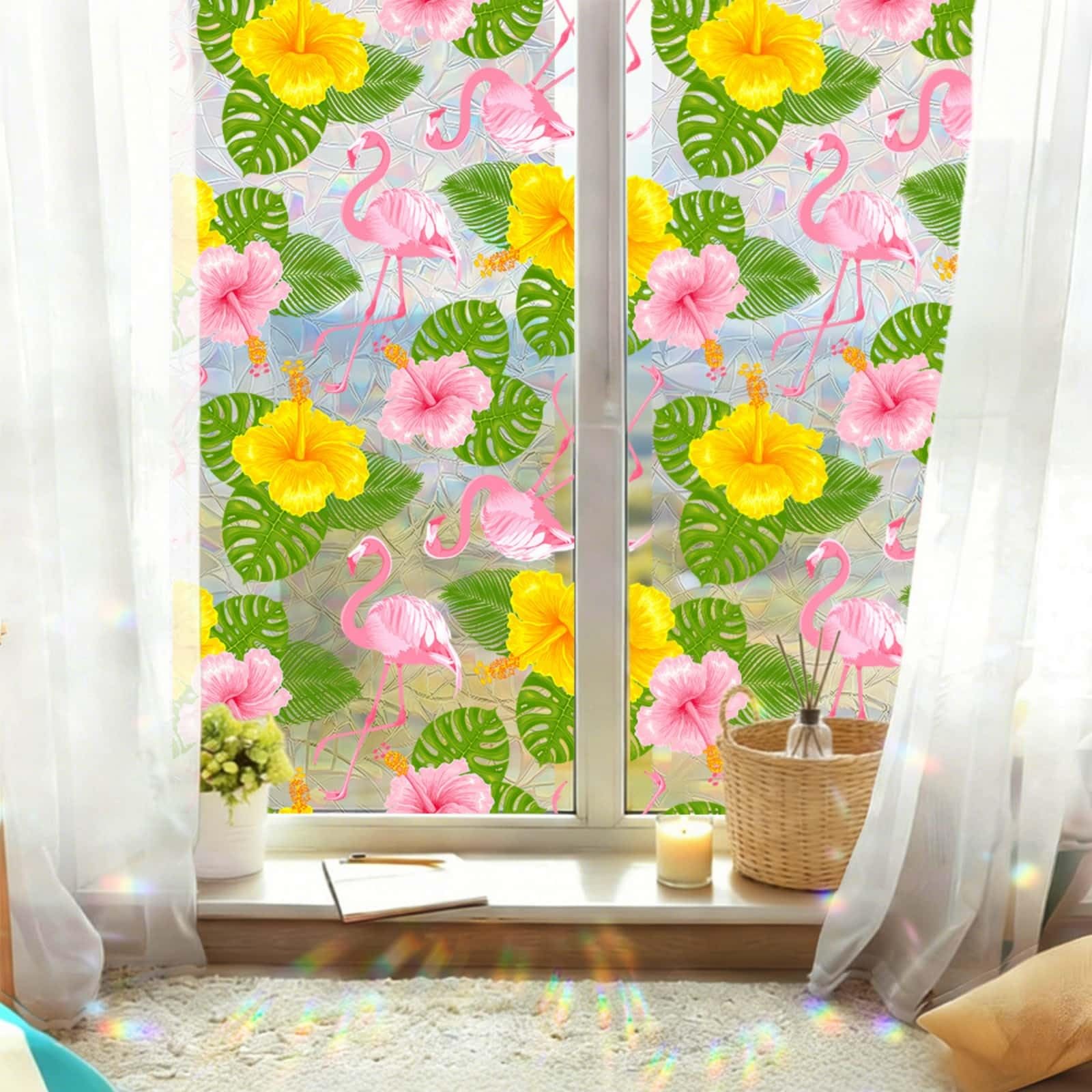 Window Film Privacy 43x100cm Bright Yellow Pink Privacy Film for Glass Windows Office Kitchen Living Room Bathroom Opaque Reusable Window Stickers for Glass