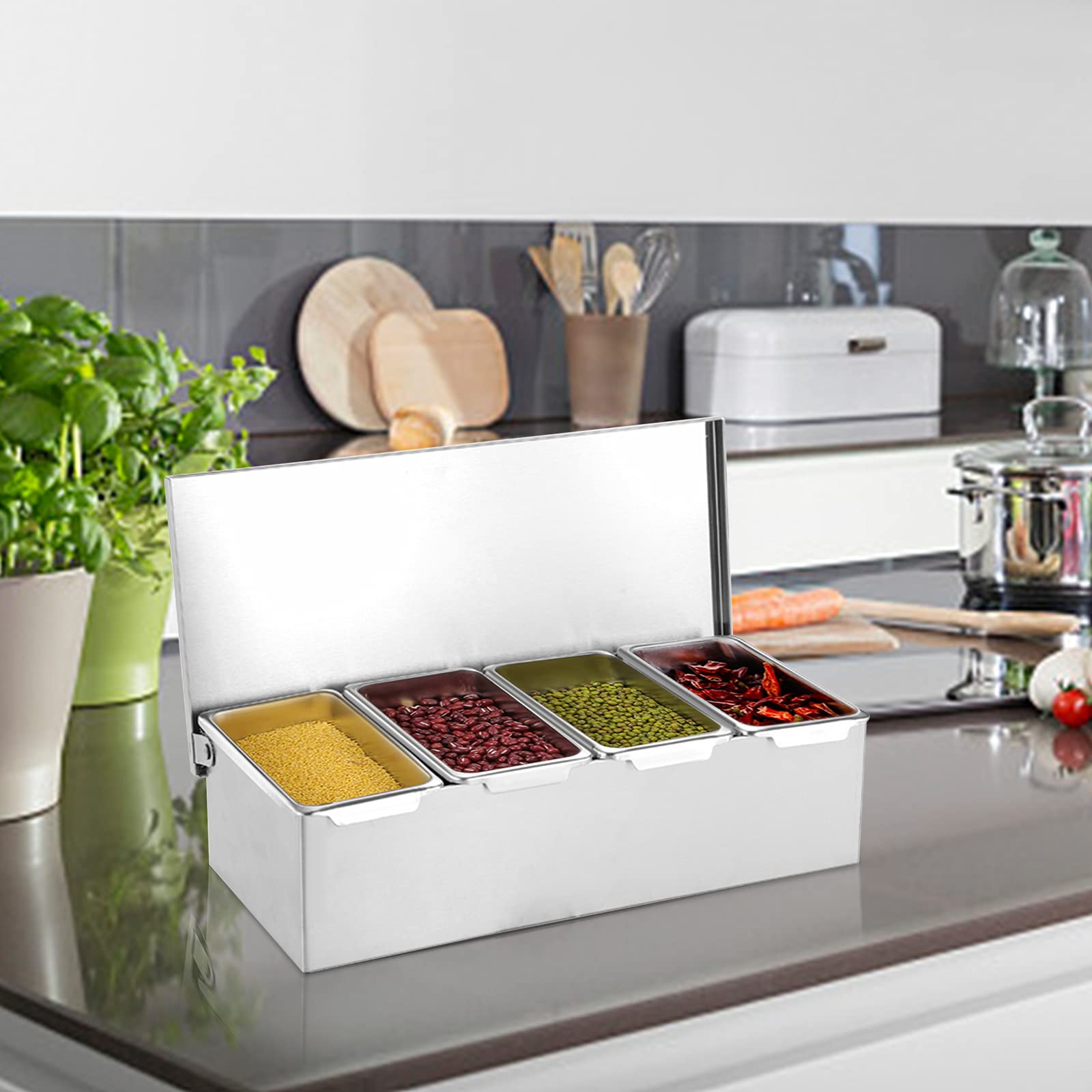 Zutatenbehälter, 4 Edelstahl Behälter mit Deckel, Abnehmbar Gewürz Behälter, Beilagenbehälter, Obstkiste, Pizzastation, Gewürzgläser, für Obst, Toppings, Salz, MSG, Snacks, 31 x 15 x 8.8 cm