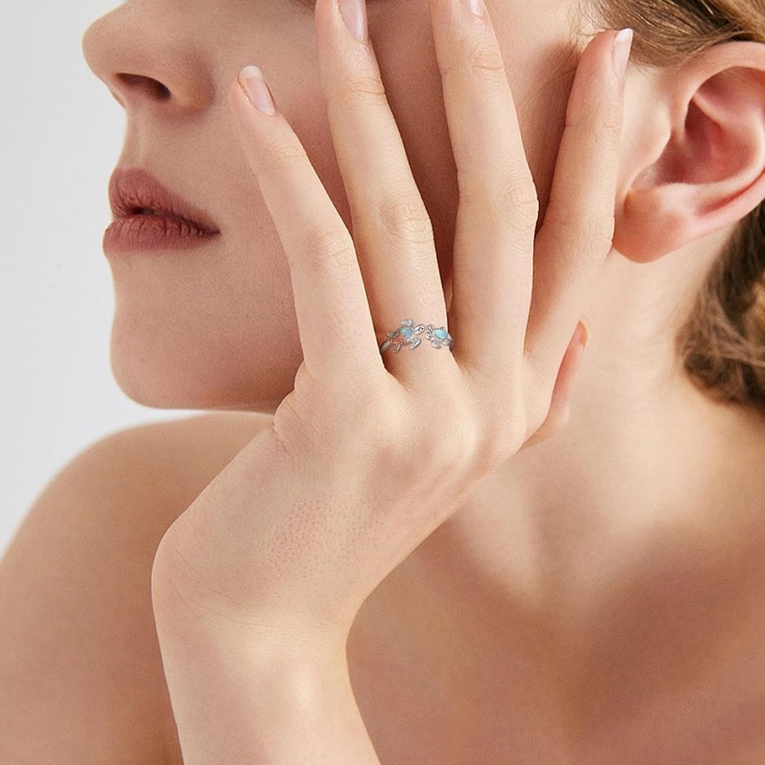 YAFEINI Turtle Ring Sterling Silver Moonstone Adjustable Ring Turtle Ocean Animal Jewelry Gifts for Women