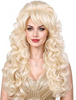 Long Curly Blonde Wig with Bangs 60s 70s 80s Retro Country Diva Disco Beehive Wig for Women Costumes Halloween Cosplay Party