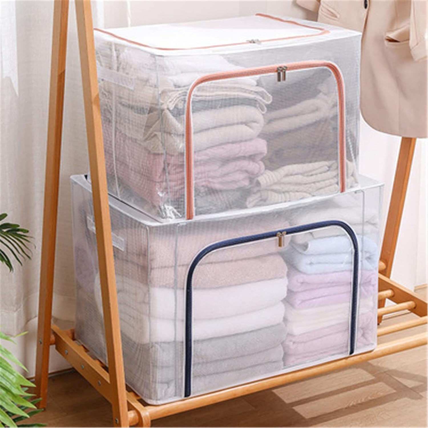 Storage bin Fabric Storage Box Clothes Storage Bins Box Foldable Stackable Container Organizer for Bedding for Shelves, Toys, Clothes(Blue,80L)(Orange,80L)