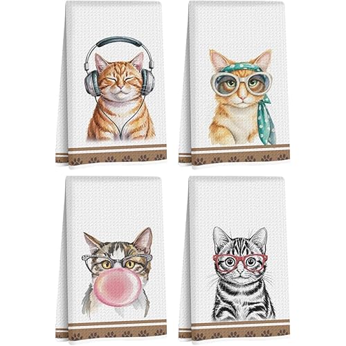 4Pcs Funny Cat Kitchen Towels 24x14 Inch, Cats with Headset Glass Chewing Gum Waffle Hand Towels for Kitchen Home Bathroom, Absorbent Microfiber Dish Cloth Tea Towel, Cat Lover Gifts for Women