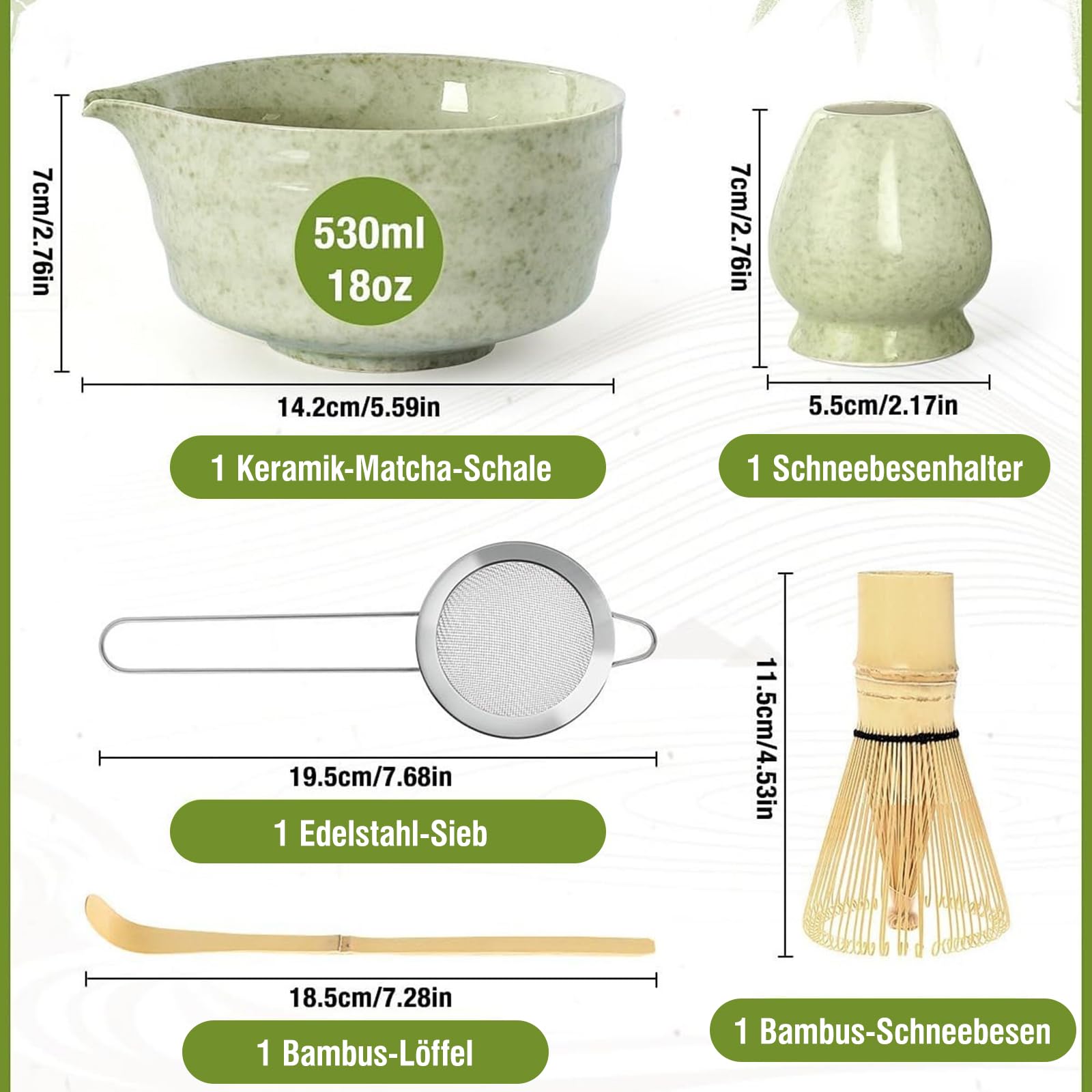 Matcha Set 6-teilig, Japanisches Matcha Tee Set mit Keramikschale mit Ausgießer, Bambusbesen, Besenhalter, Edelstahl-Sieb, Bambuslöffel, Traditionelles Matcha Starter Set für Teezeremonien