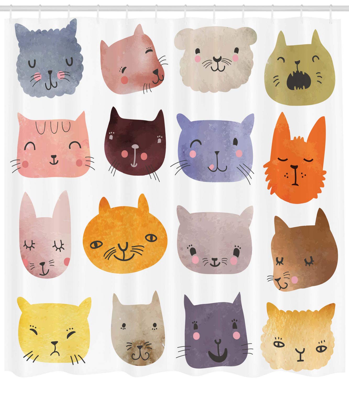 Ambesonne Cat Shower Curtain, Watercolor Effect Cat Heads in Colorful Humor Fun Purring Meow Animal, Cloth Fabric Bathroom Decor Set with Hooks, 69