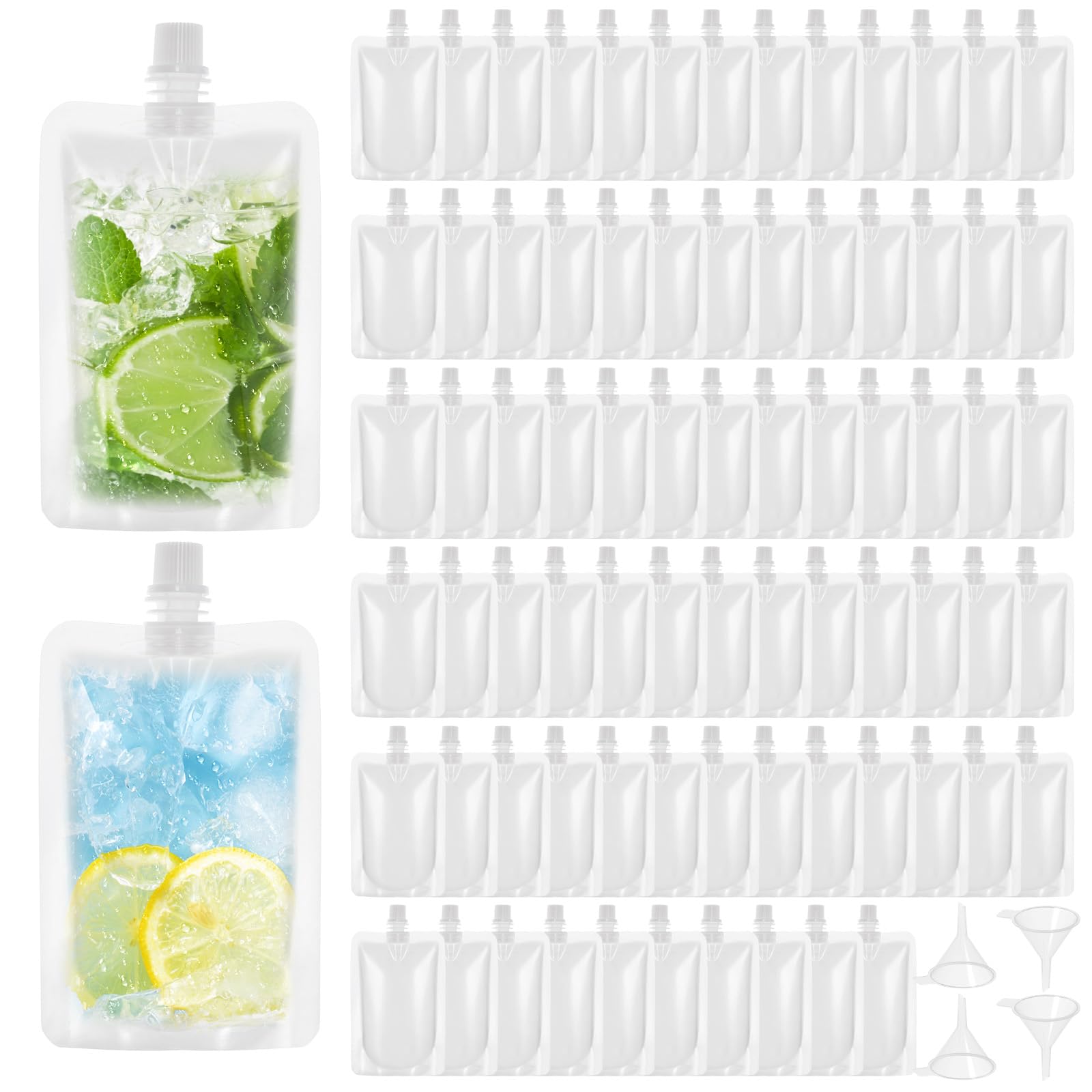 Akamino 100 Pcs 100ml Drink Pouches for Festivals, Refillable Plastic Drinks Flasks with 4 Funnels, Leak Proof Clear Alcohol Juice Liquid Pouches Bag Drink Container For Cold Hot Liquid,Parties Travel