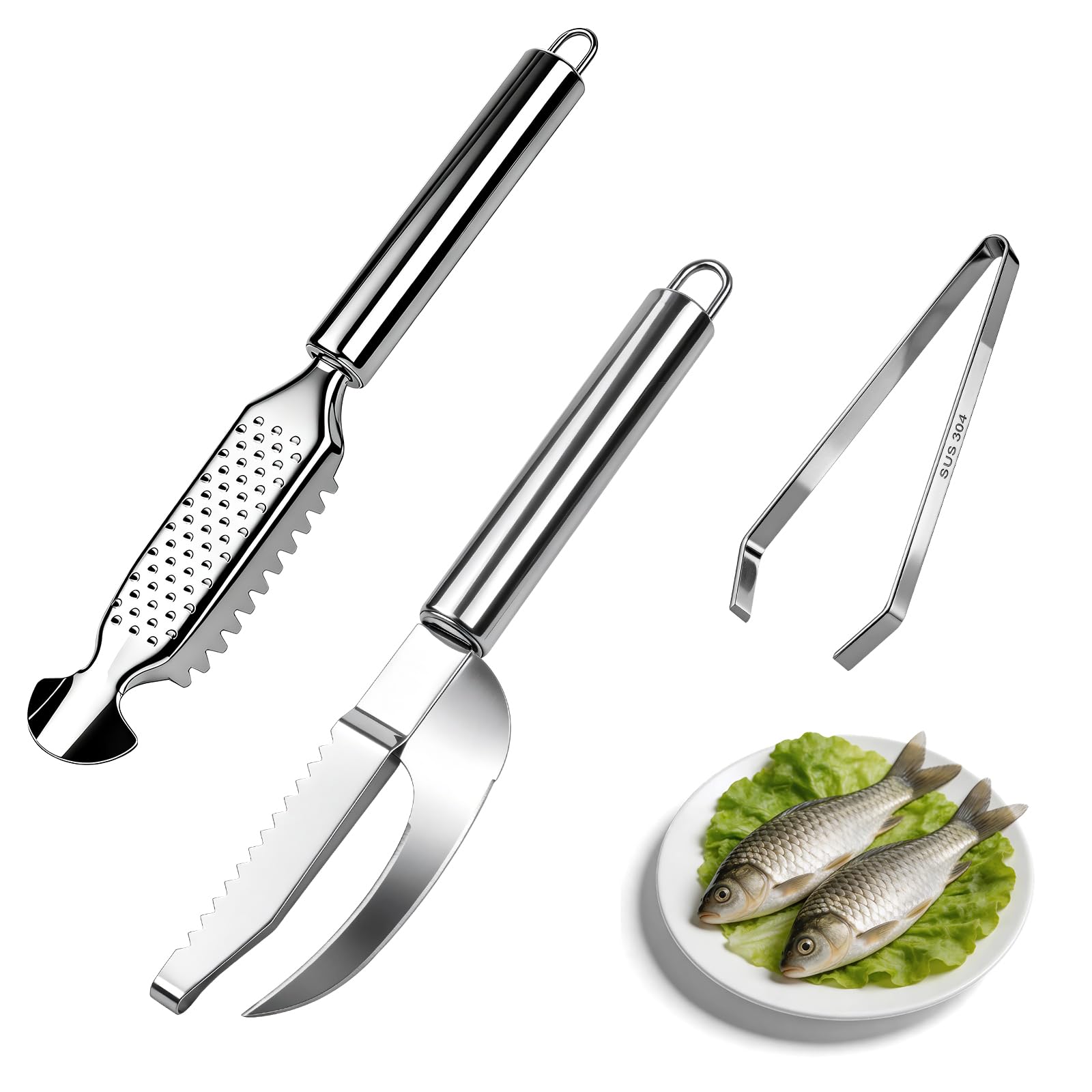 Foyucool 3 Piece Fish Scale Remover Set with Fish Scale Scraper, Fish Belly Knife & Fish Bone Tweezers, Fast Clean Scales, Stainless Steel Kitchen Tools for Easy Cooking and Food Preparation