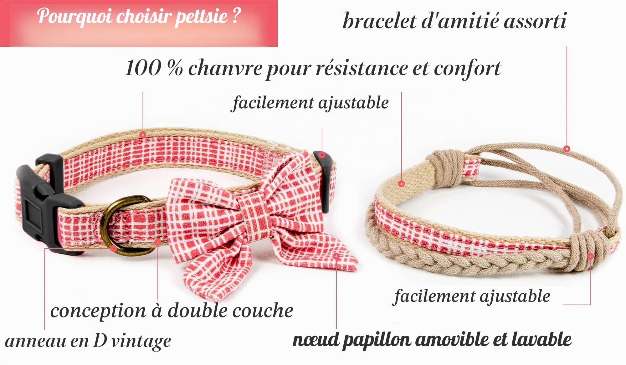 Pettsie Collier pour Chien avec nœud Papillon et Bracelet d'amitié, Tailles réglables S et M, Solide et Durable, Excellent Cadeau pour Les Amoureux des Chiens dans Une boîte Cadeau, S, Rose
