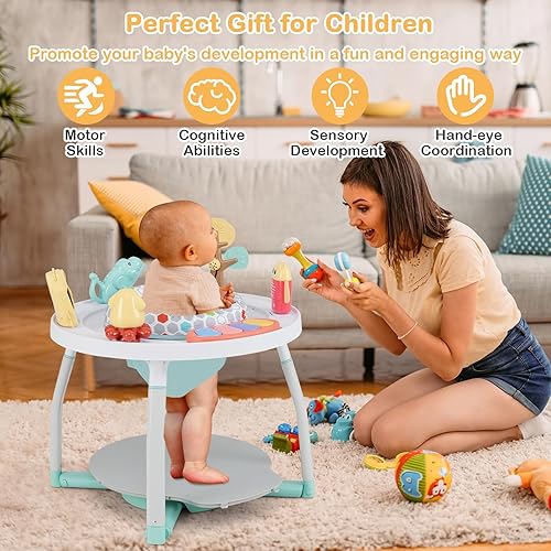 Miniatura 7 de HONEY JOY Centro de actividades para bebés, puente infantil 5 en 1 y mesa de juego de pie con asiento giratorio de 360, 6 juguetes, 3 alturas