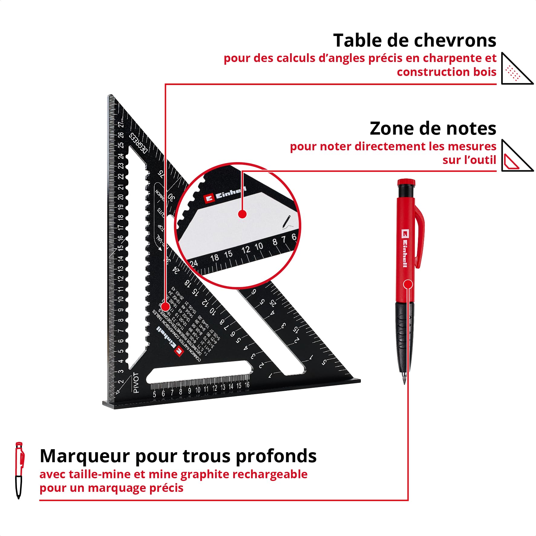Einhell 2 pièces jeu d’équerres de charpentier, 185/300 mm | Graduations en mm et en degrés | ouvertures de traçage | gabarit de perçage | tableau de conversion pour chevrons | marqueur