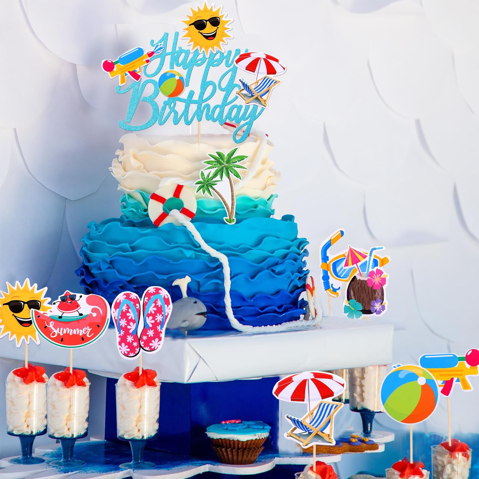 Pool-Party Kuchen-Topper – Happy Birthday Dekoration Mit Sommer-Motiven, Glitzernd