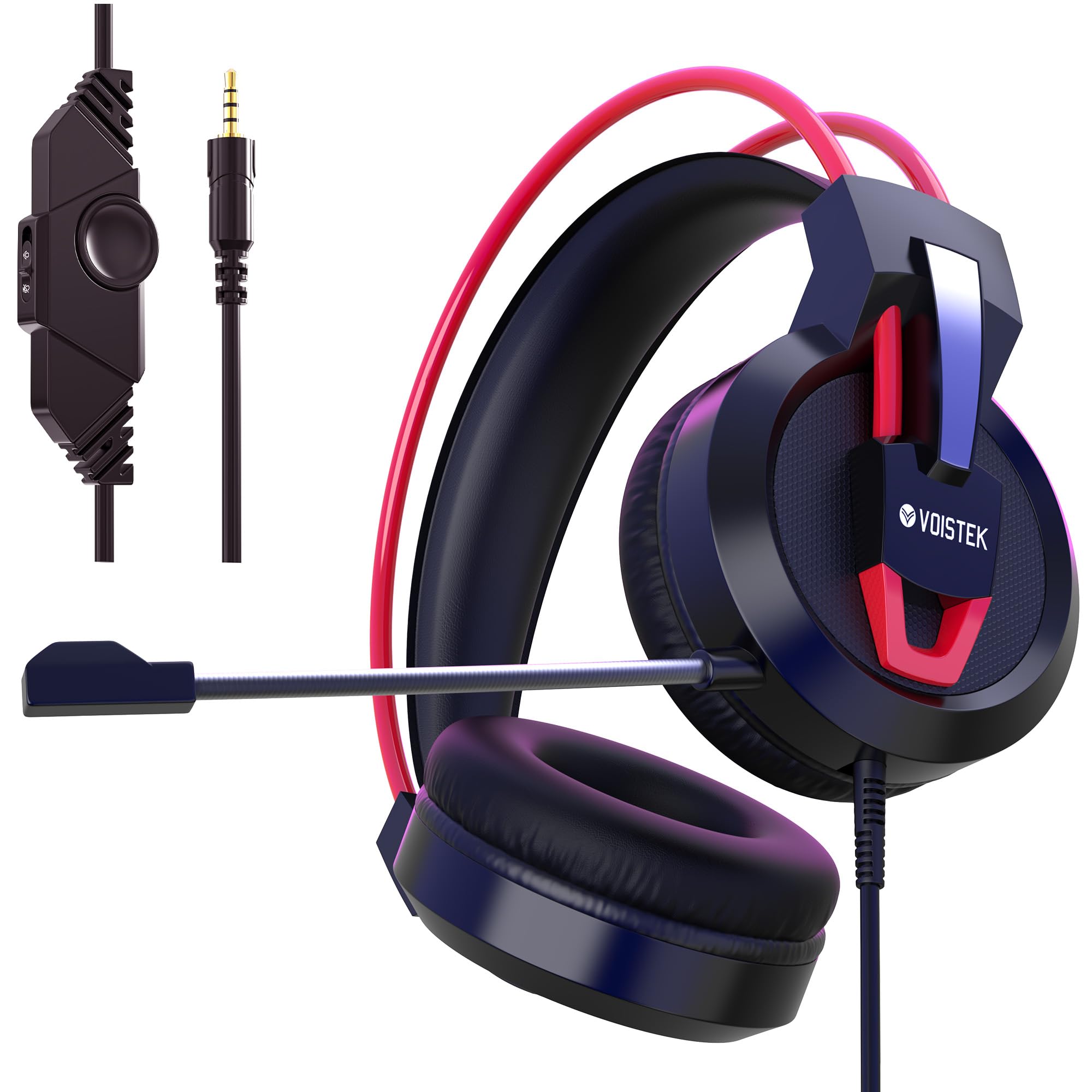 Voistek Cuffie da gioco con microfono, suono surround, cancellazione del rumore, colore rosso