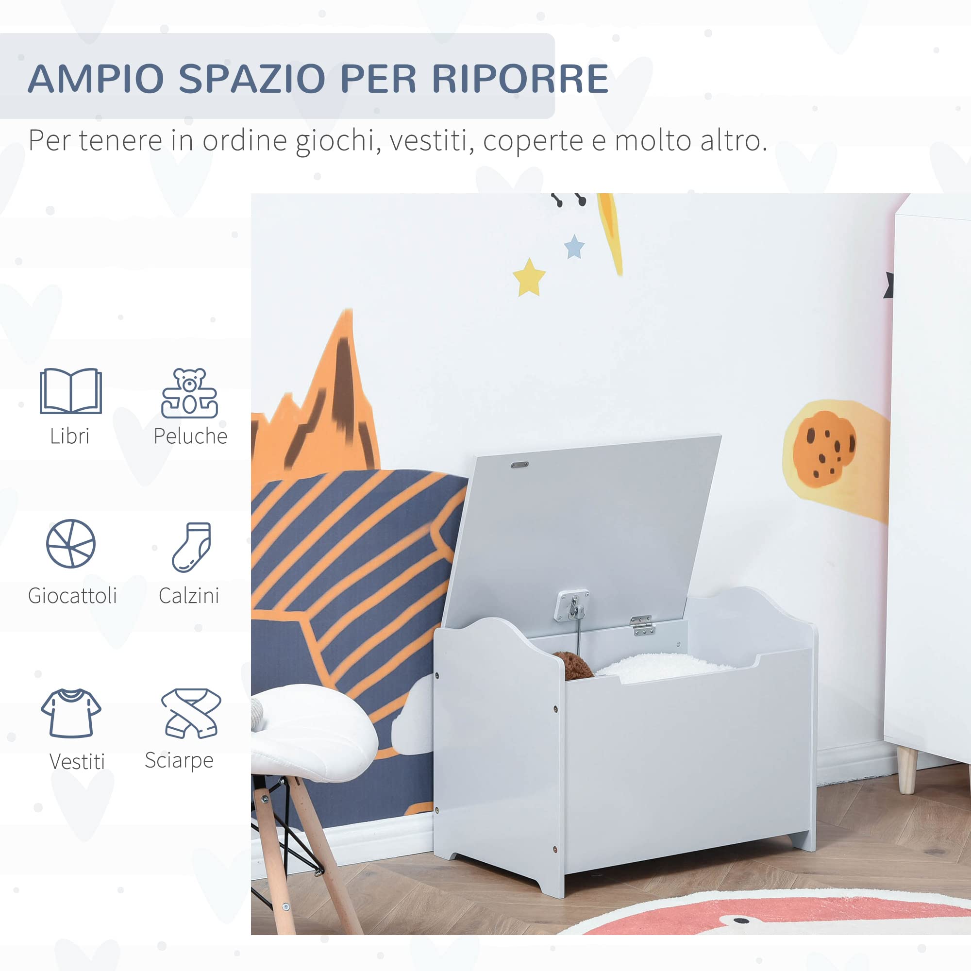 HOMCOM Cassapanca Portagiochi in Legno, Panca Contenitore per Cameretta Coperchio con Pistone Pneumatico, 60x40x48cm, Grigio
