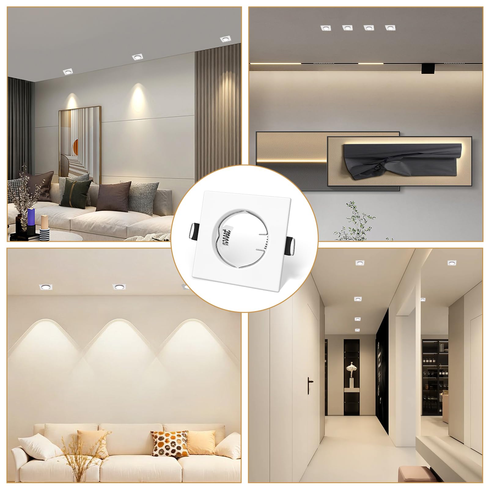 Confezione da 10 Telai Quadrati per Faretti a Incasso con Portalampada GU10 Certificato VDE – Bianco Opaco in Metallo (80x80 mm), Foro 55-70 mm, Incl. Molle e Anelli di Fissaggio – Lampadina Esclusa
