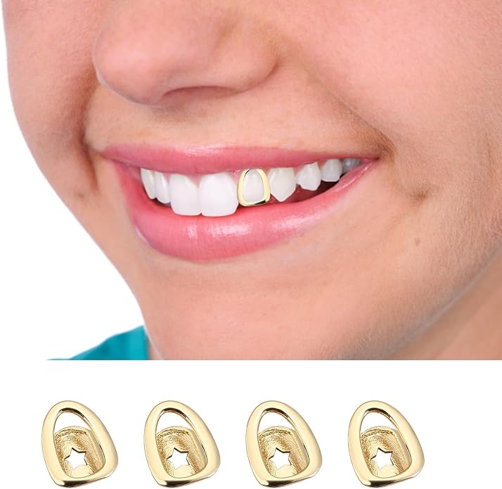 Grillz Gold Tooth Cap,18K Gold Silver Plated Grillz,Hip Hop Teeth Accessories,Plain Single Tooth Cap for Teeth Mouth,Realistic Fake Teeth Grills for Party,Open Face Front Tooth Caps miniatura 7