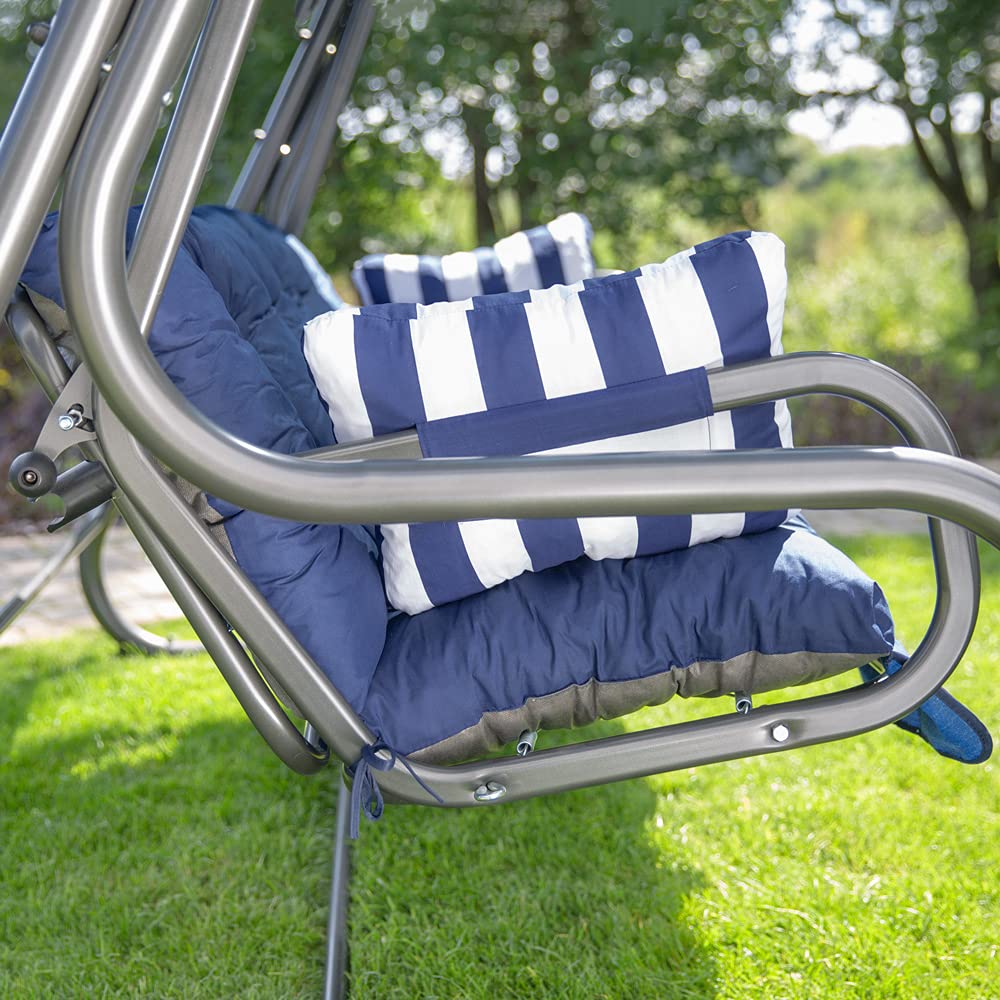 PATIO Parma huśtawka ogrodowa z funkcją leżenia 170 cm z nakładkami, dach przeciwsłoneczny, poduszka boczna, 3-osobowa na rdzeniu sprężynowym, granatowa