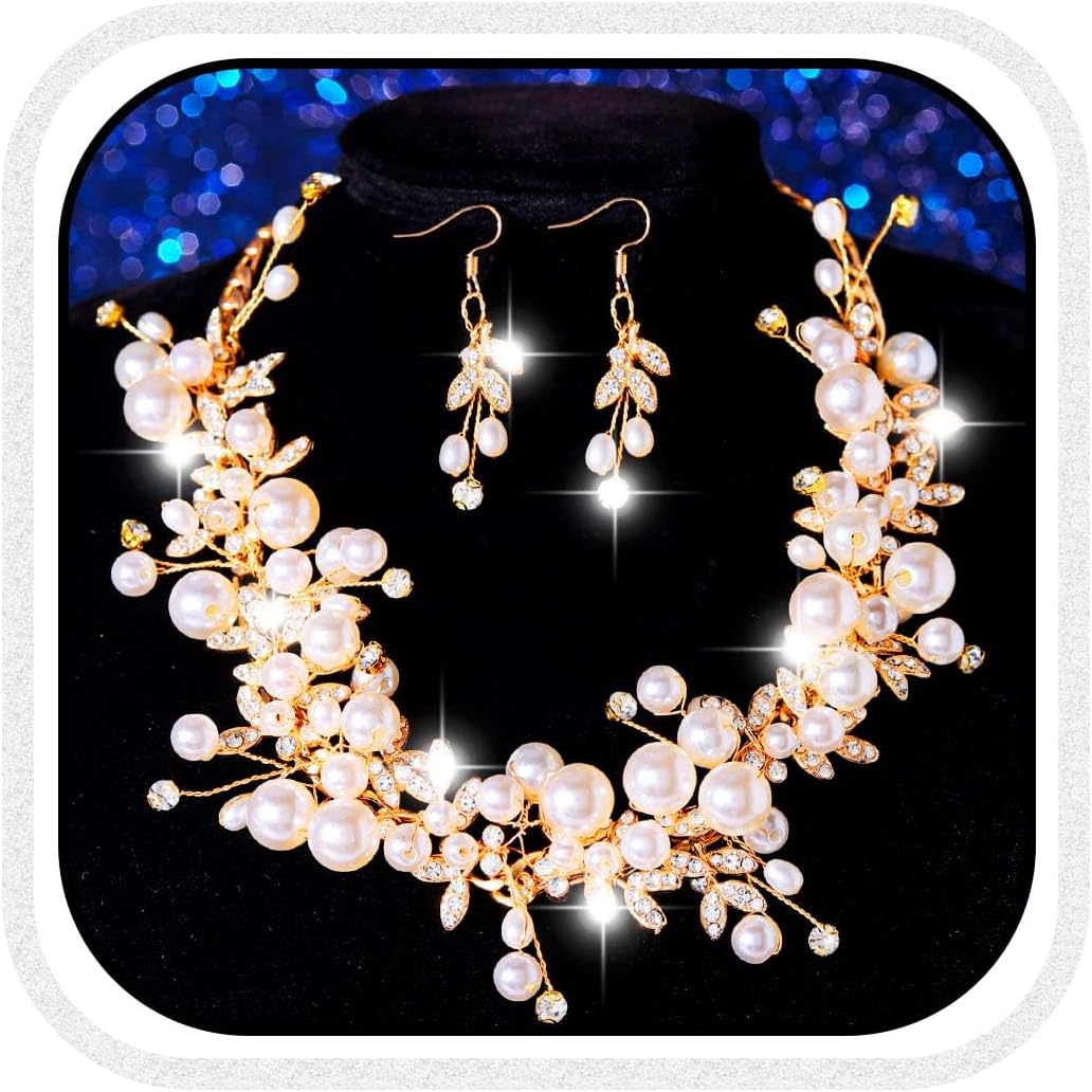 GORAIS Pearl Bridal Wedding Jewelry Sets Gold Prom Necklace Earrings Set Rhinestone Formal Costume Jewelry for Women and Brides