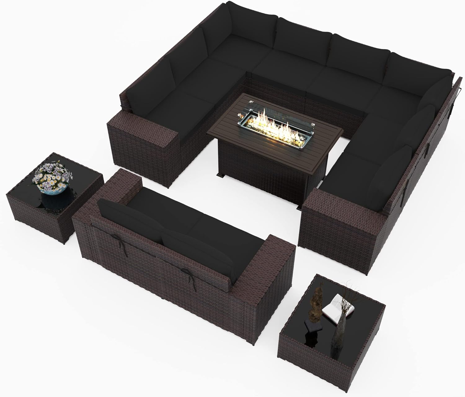 13 PCS Outdoor Patio Furniture Set,Outdoor Sectional Furniture with 43" 55000 BTU Gas Propane Fire Pit Table,All Weather PE Rattan Wicker Patio Conversation Set,Black