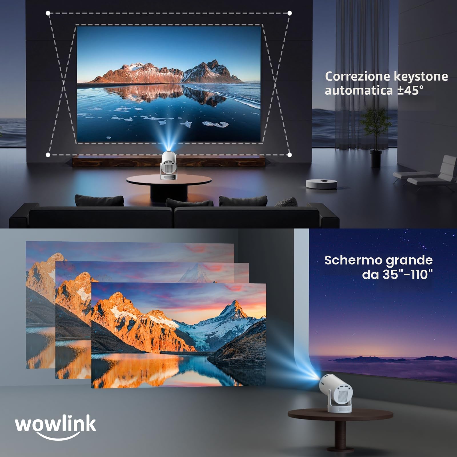 Mini Proiettore WiFi 6 Bluetooth 5.4 4K 1080P Auto Keystone Rotabile 180° Portatile HDMI Bianco