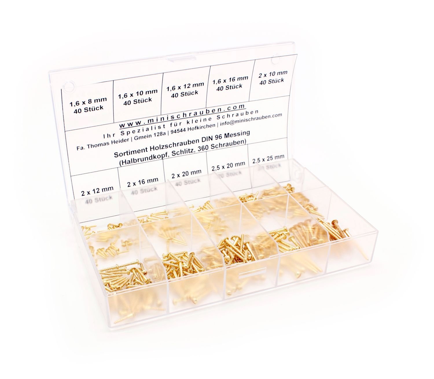 Boîte d'assortiment de 360 pièces petites vis à bois selon DIN 96, plat, tête bombée en laiton à partir de 1,6 x 8. minischr aub