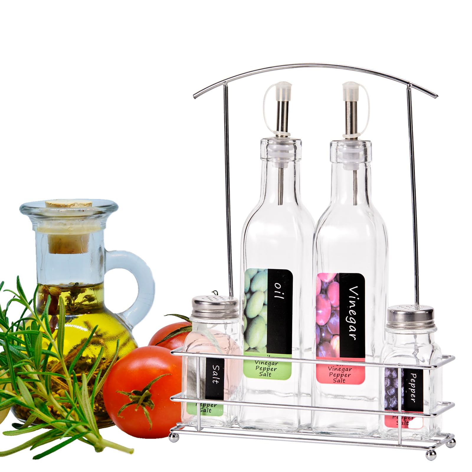 5-teiliges Menagen-Set Aus Glas – Salz- & Pfefferstreuer, Öl- & Essigspender Mit Ständer, Transparent