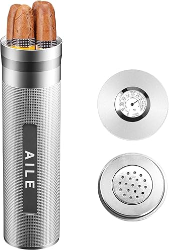 AILE Humidor de acero inoxidable para cigarros tubo plateado de viaje para cigarros de 3 a 4 cigarros estuche portátil para cigarros higrómetro de