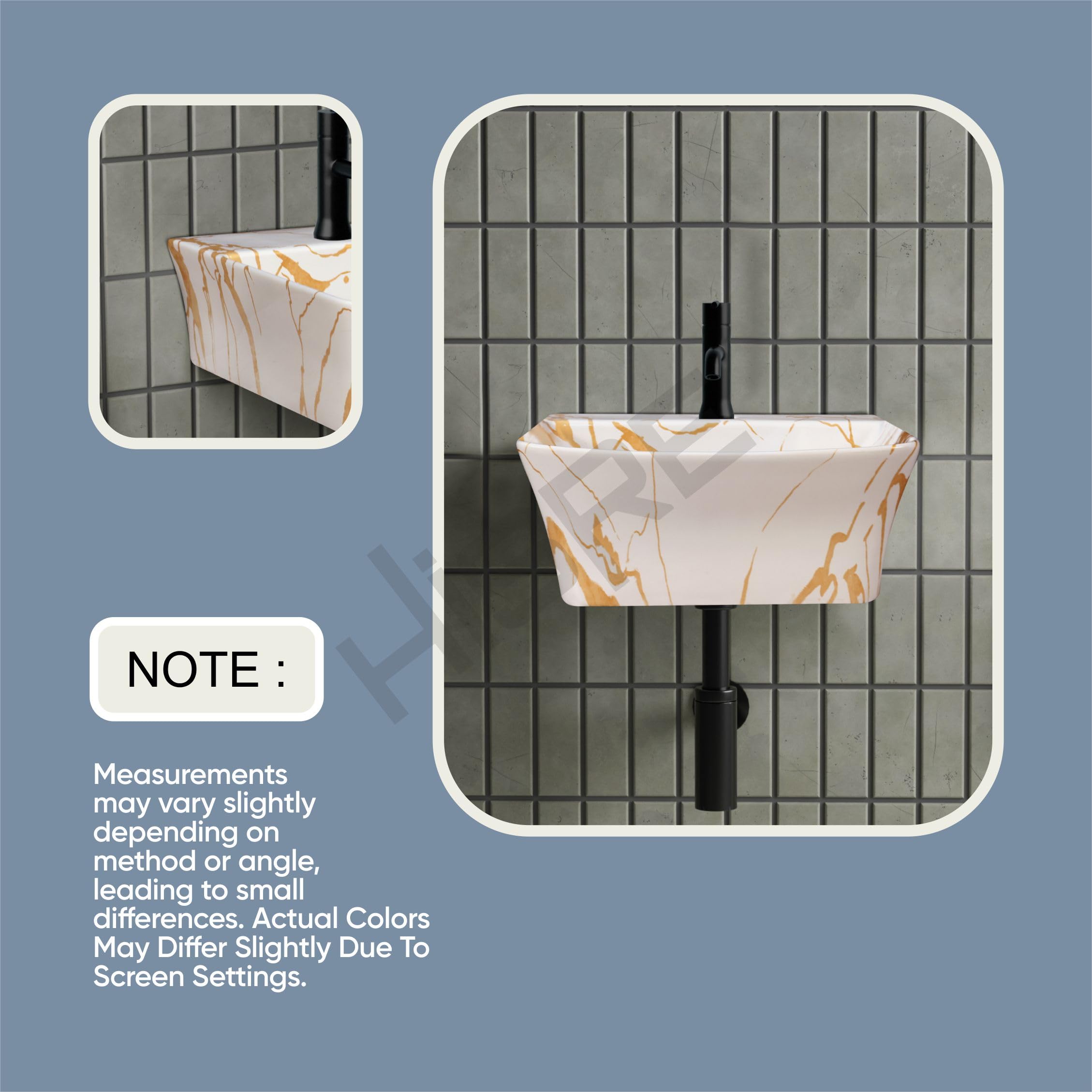 HISRE Wall Mount Wash Basin 13"x13"x5" | White Golden Marble Finish Ceramic Sink | Modern Rectangular Bathroom Basin for Home, Office & Hotels, photo 5 of 5