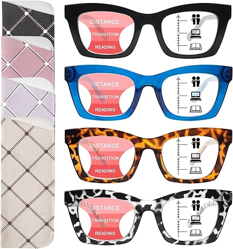 SIGVAN Paquete de 4 lentes de lectura progresivos multienfoque para mujeres y hombres, bloqueo de luz azul, bisagra de resorte, estilo Oprah