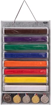 Martial Arts Belt Holder Hanging Display for 8 Belts, Hold 5 Medals