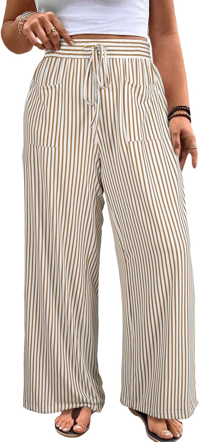 Eytino Womens Plus Size Wide Leg Pants Elastic High Waist Striped Casual Palazzo Pants Lounge Trouser with Pockets (1X-5X)