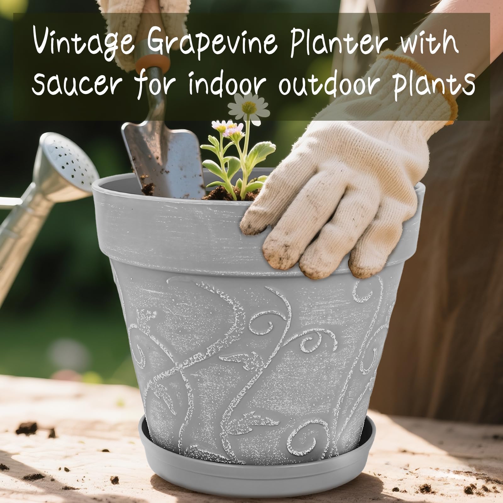 ZMTECH 25 cm Pots avec Soucoupes et Trous de Drainage, Pot de Plante Plastique Aspect Terre Cuite, Pot de Fleur Grand avec Plateau pour Plantes d'Intérieur Extérieur (Gris, Lot de 2)