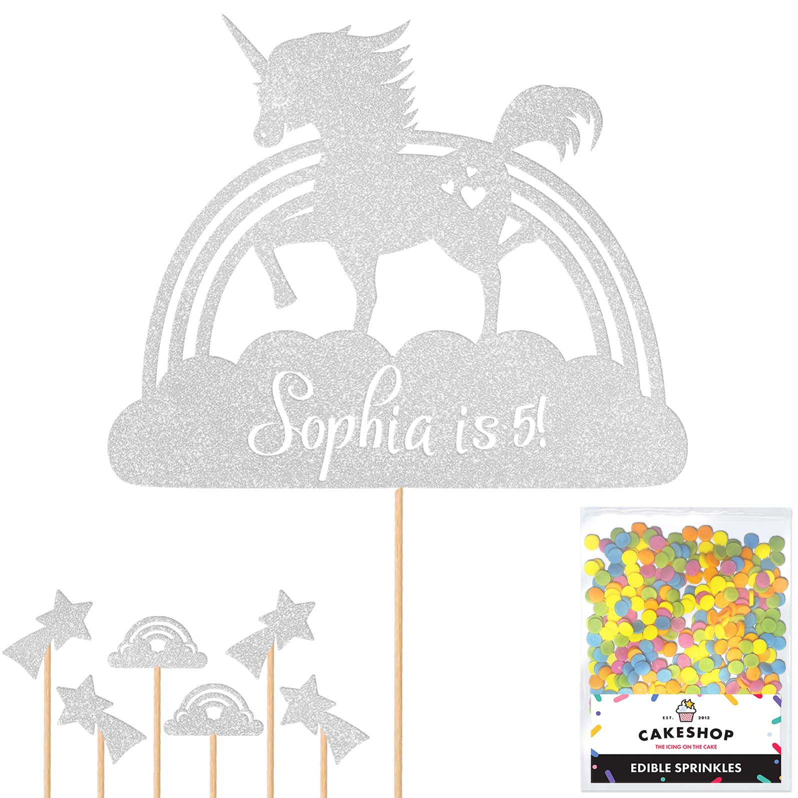 Personalised Unicorn Rainbow Glitter Cake Topper- Light Silver Any Custom Age & Name Glitter Cake Decoration and Sprinkles - Happy Birthday Decorations - Personalised Toppers for Cakes by Cakeshop