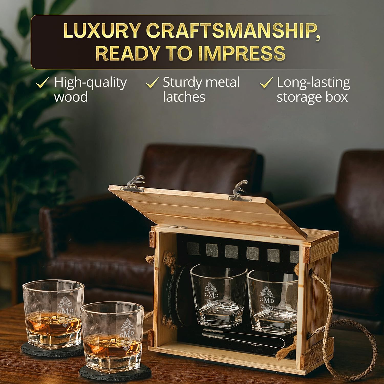 Custom Filigree Monogram Name 6 Options Whiskey Glass Gift Set 2 Glasses, 6 Granite Chilling Stones, Tongs & 2 Slate Coasters in Rustic Wood Crate – Scotch, Bourbon Lovers Gift