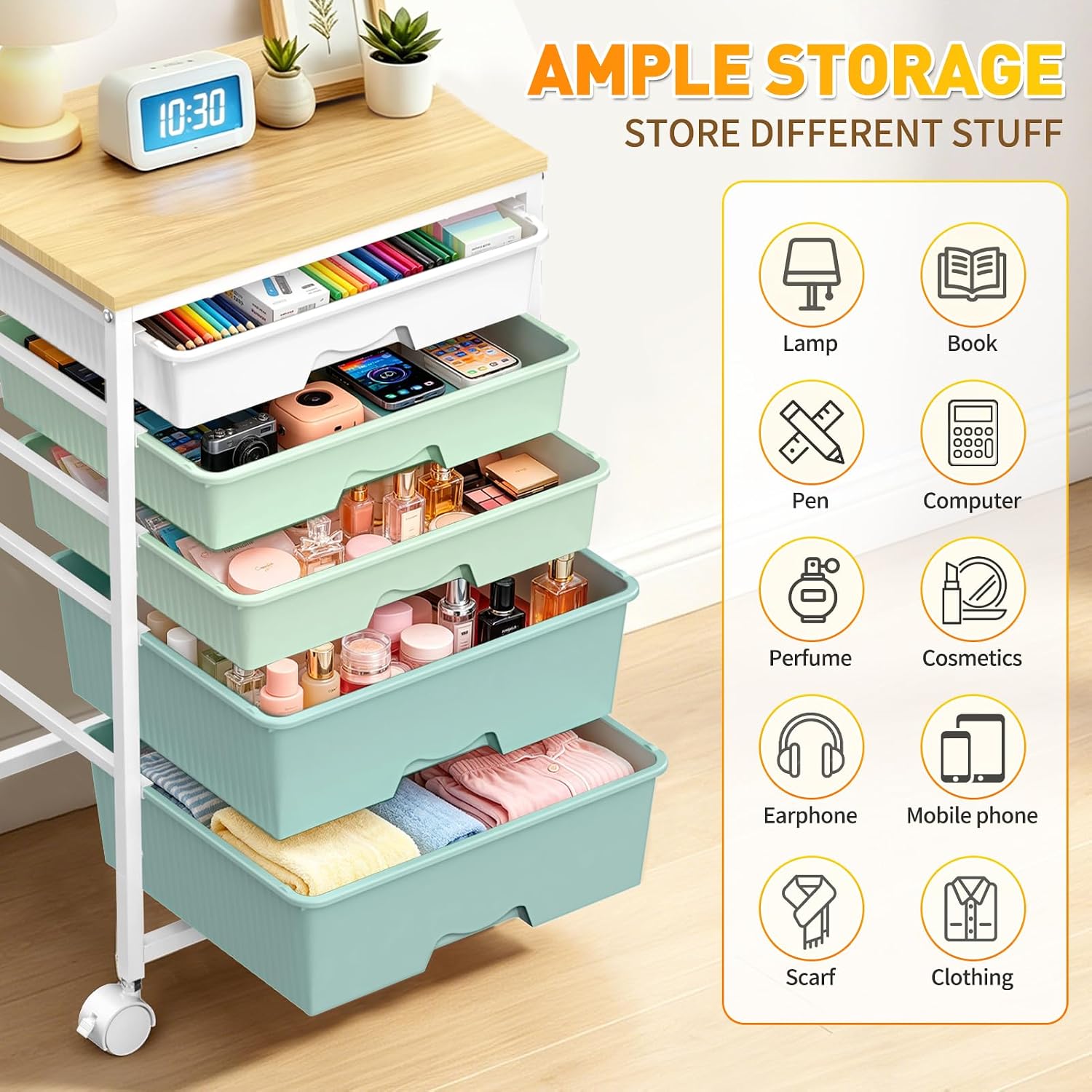 SUNALLY Rolling Carts With 5 Drawers, Storage Drawer Carts for Craft, Green