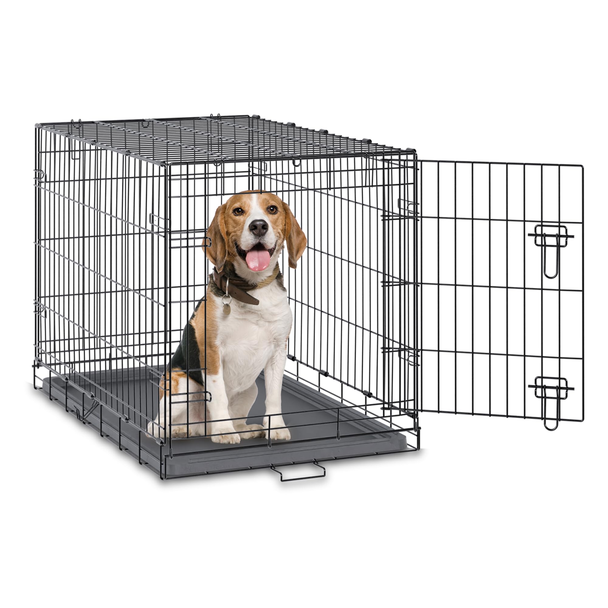 (similar).Rampart Essentials Series Dog Crate with Divider, Single Doors, Double Latch Doors, and Removable Plastic Crate Tray 36 Inch Dog Crate Best Fits Pets with an Adult Weight up to 70 LBS