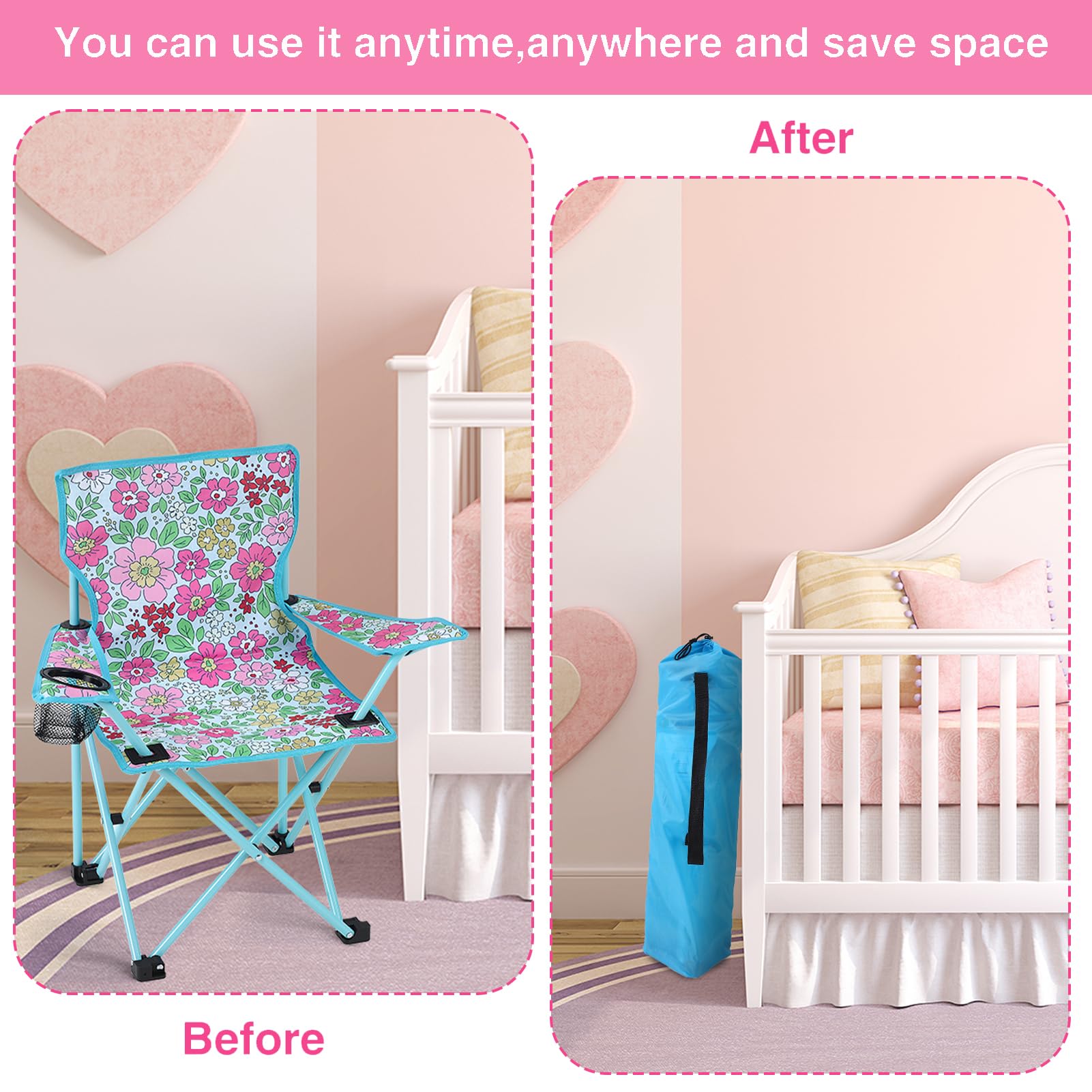 Chaise de camping pliable pour enfant - Avec porte-gobelet - Pour pique-nique, camping, pêche, extérieur (fleurs)