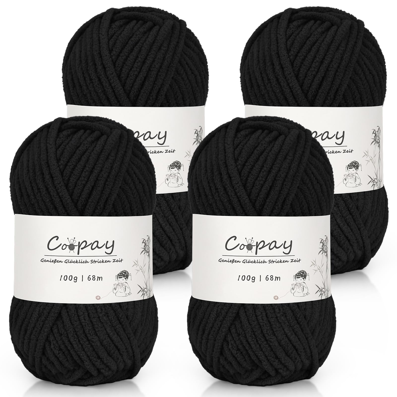 Coopay Chenille Chunky Wolle zum Häkeln Dickes Garn, 4 x 100g Dicke Wolle zum Stricken, Super Flauschig Weiches Wolle für Babydecke, Grobes Chenille-Garn für Decken, Schals, Socken, Taschen - Schwarz