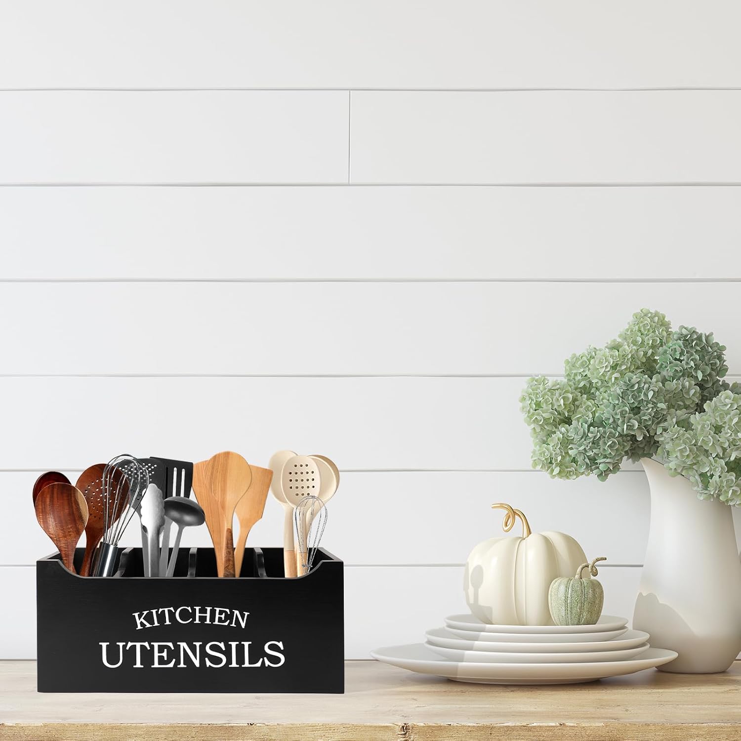 Utensil Holder for Kitchen Counter, Wood Extra Large 4 Compartments Kitchen Utensil Holder with Drainage Bottom for Countertop, Farmhouse Cooking Tools Organizer for Spatula, Black