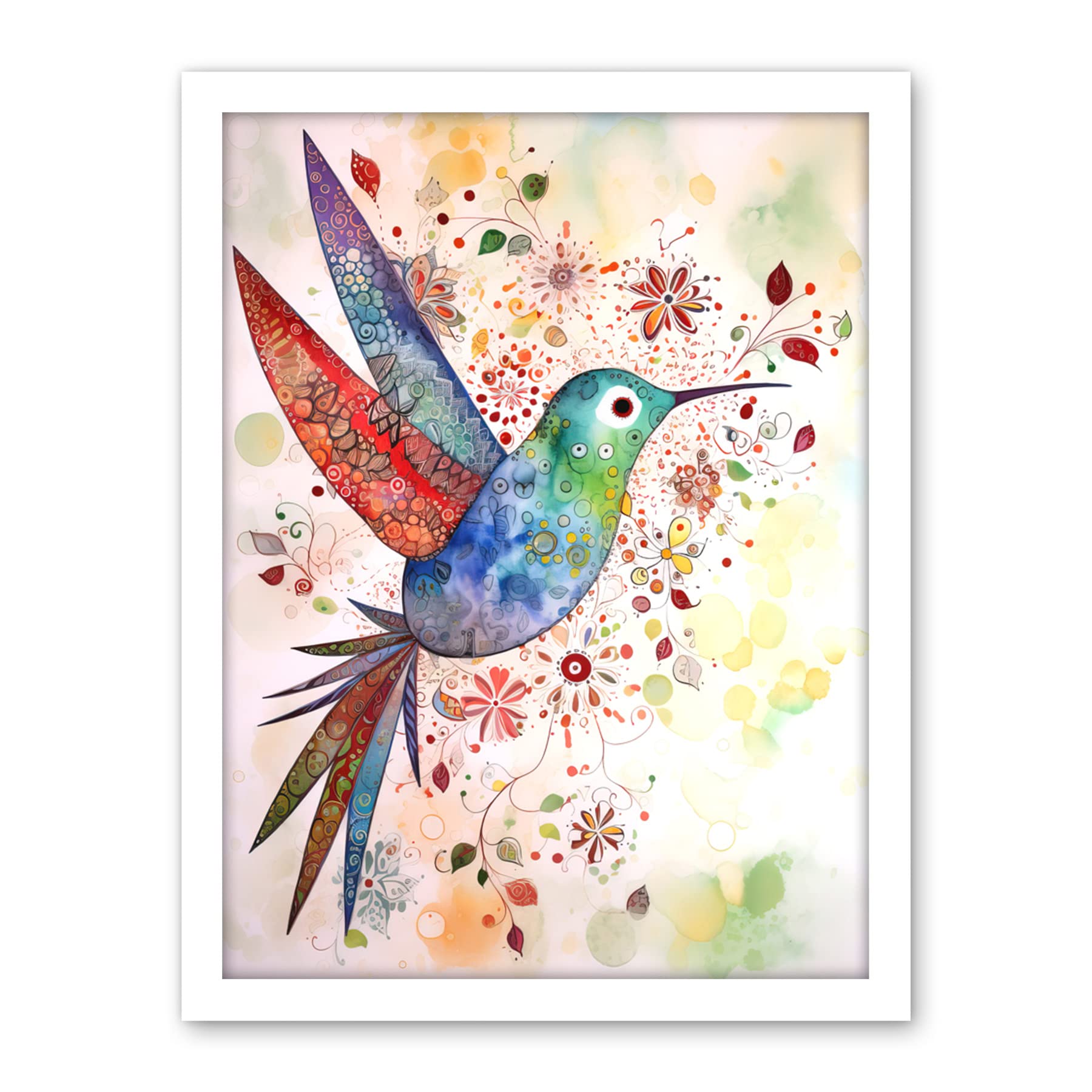 Artery8 Hummingbird With Flower Patterns Folk Art Watercolour Painting Artwork Framed Wall Art Print 18X24 Inch