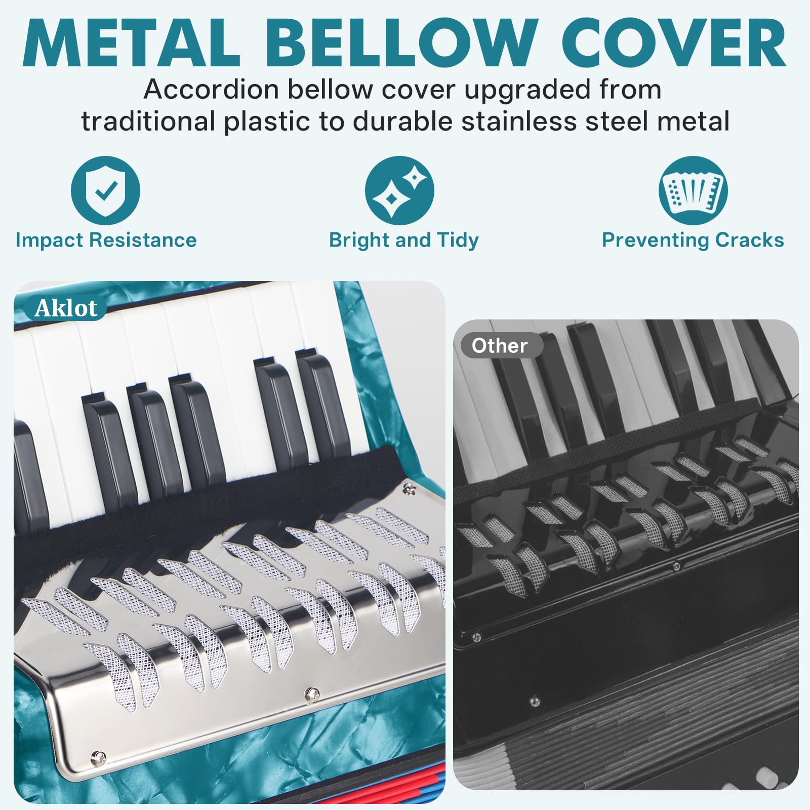 AKLOT Acordeón de piano de 17 teclas, acordeón ligero para niños, acordeones de celuloide más brillantes y de tono puro que el plástico, diseño de cubierta de metal duradero para niños, principiantes
