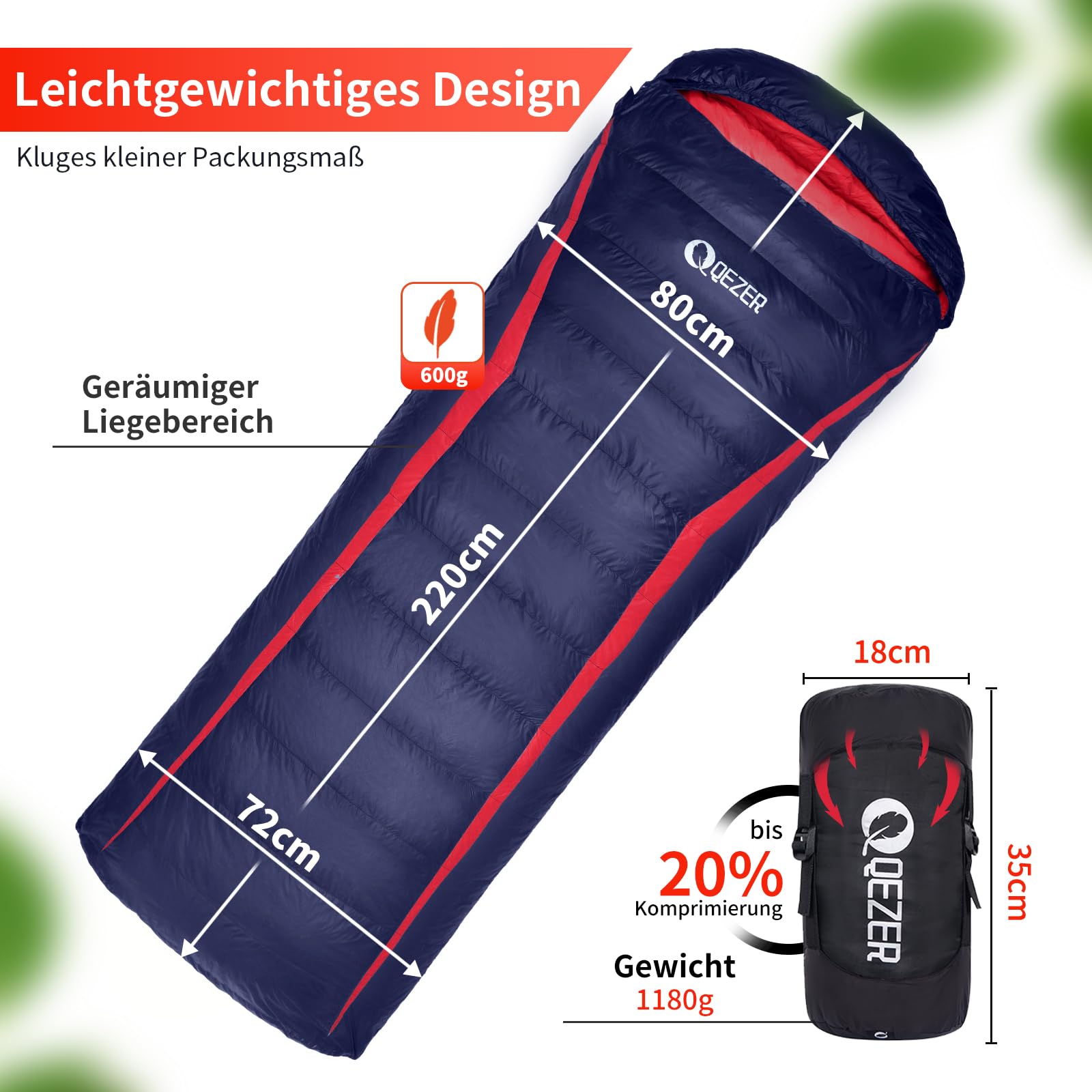 Saco de Dormir Plumón 220x80cm 8~-3℃ 4 Estaciones Ultraligero Camping Senderismo