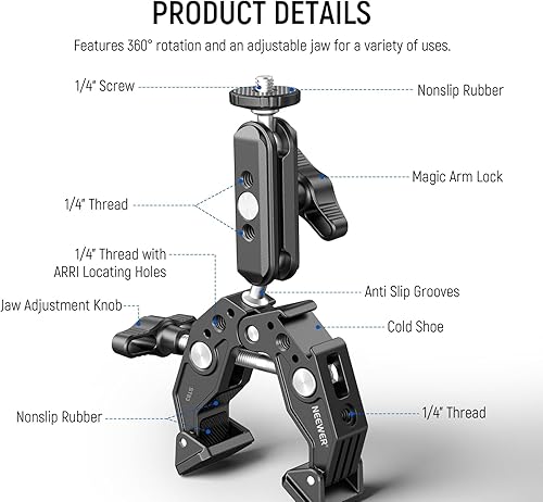 Vista 2 de NEEWER Super Clamp con brazo mágico de cabeza esférica doble de 3 pulgadas, zapata fría, roscas de 1/4 pulgadas, adaptador de montaje de cámara