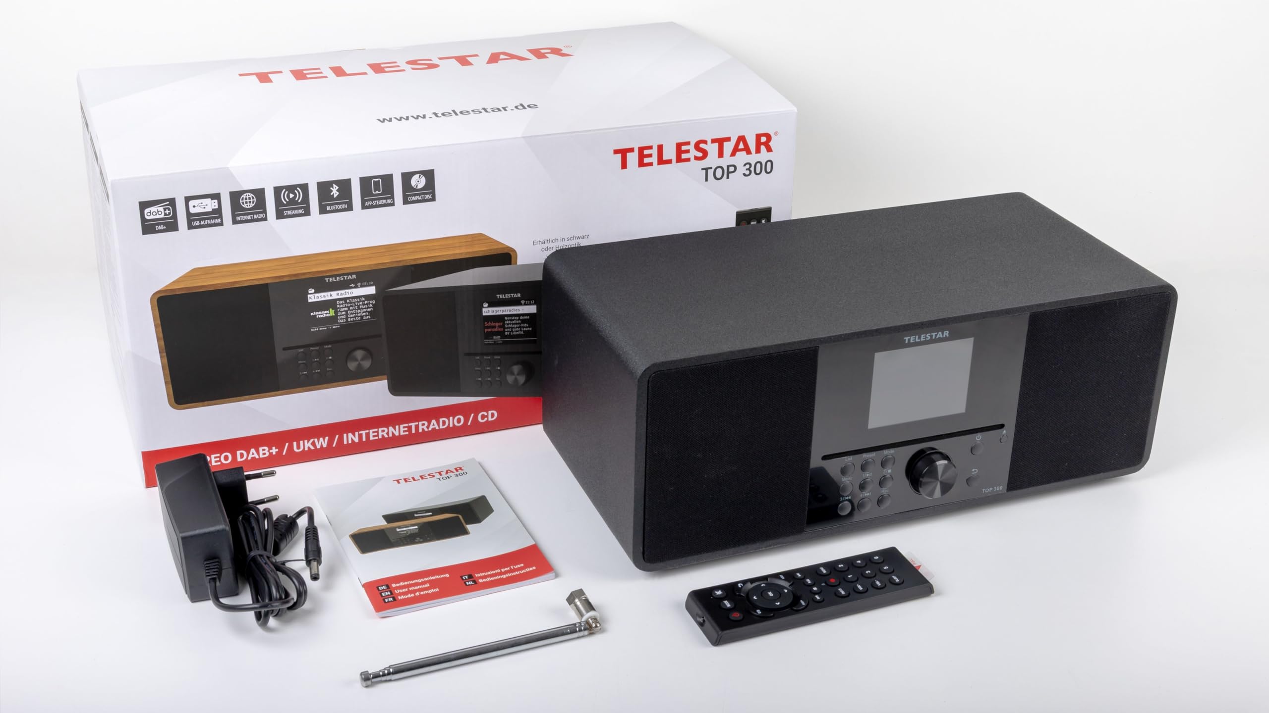TELESTAR TOP 300 – DAB+/Internetradio mit CD-Player, Stereo – Schwarz | 2 × 15 W, Streamingdienste, Bluetooth Audio-Streaming & Sendefunktion, USB-Recording, Notfallwarnsystem