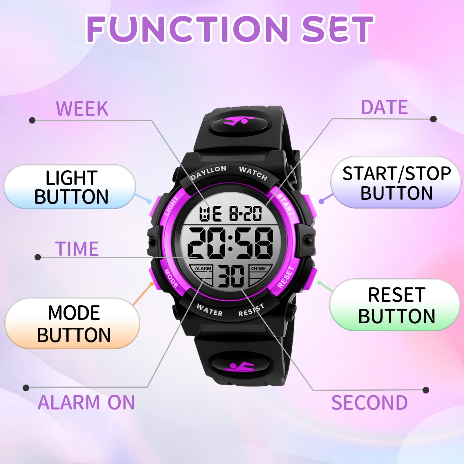 Dayllon Orologio digitale per bambini Sport all'aperto 50 m impermeabile Orologio elettronico Allarme 12/24 h Cronometro Calendario Ragazzo Ragazza Orologio analogico