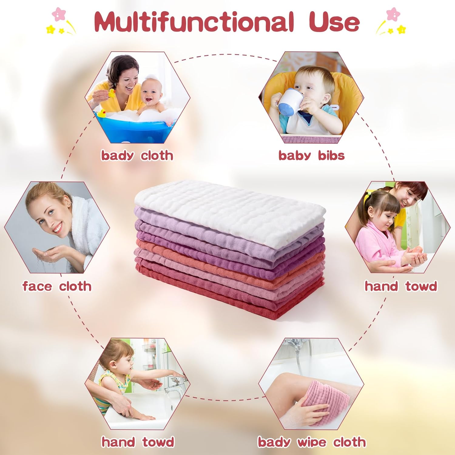 8 Packs Muslin Burp Cloths Large 20" x 10", 6 Layers Unisex Baby Absorbent 100% Cotton Burp Rags Colorful Muslin Washcloths for Baby Plain Soft Cotton Cloth for Babies Girls Boys(Vivid Colors) - Image 4